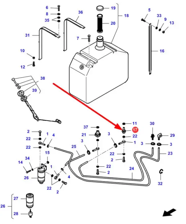 Oryginalna złączka układu paliwowego o numerze katalogowym LA322154150, stosowana w kombajnach zbożowych marek Challenger, Fendt, Laverda oraz Massey Ferguson schemat.