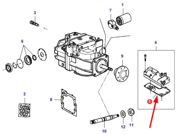 Oryginalna uszczelka pompy hydraulicznej o numerze katalogowym LA322180250, stosowana w kombajnach zbożowych marki Fendt, Laverda oraz Massey Ferguson schemat.