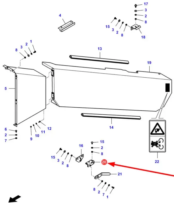 Oryginalny zamek osłony o numerze katalogowym LA322316750, stosowany w kombajnach zbożowych marek Laverda, Challenger, Fendt oraz Massey Ferguson- schemat.