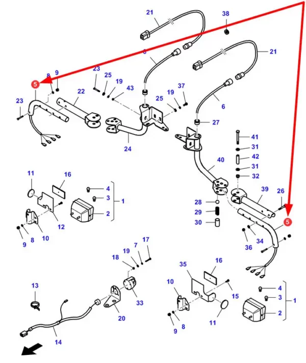 Oryginalne ramię oświetlenia drogowego o numerze katalogowym LA322371450, stosowane w kombajnach zbożowych marek Massey Ferguson, Fendt, Challenger, Laverda schemat.