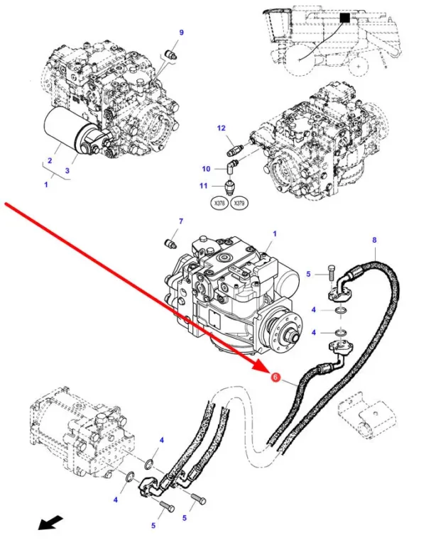 Oryginalny przewód hydrauliczny pompy hydrostatu o numerze katalogowym LA322678850, stosowany w kombajnach zbożowych marek Massey Ferguson, Fendt, Laverda, Challenger schemat.