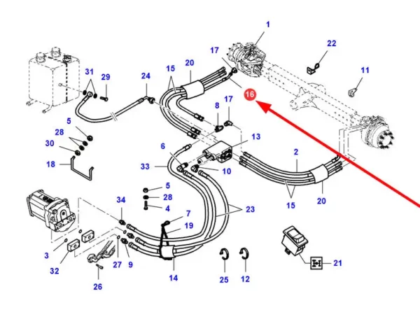 Oryginalny przewód hydrauliczny napędu tylnej osi o numerze katalogowym LA322719150, stosowany w kombajnach zbożowych marek Massey Ferguson, Challenger, Fendt i Laverda. schemat