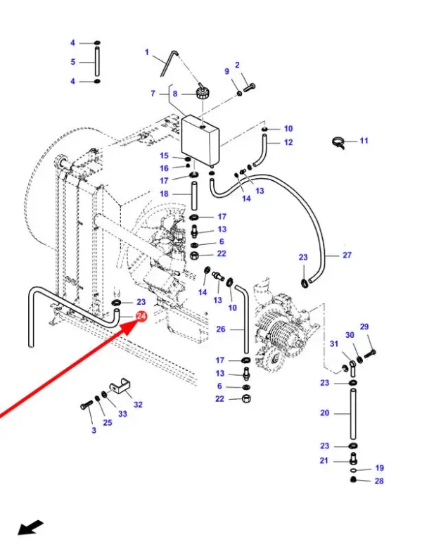 Oryginalny przewód gumowy o numerze katalogowym LA322731250, stosowany w kombajnach zbożowych marki Massey Ferguson, Laverda oraz Fendt. schemat