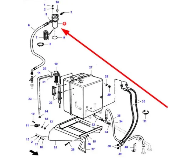 Oryginalny filtr oleju hydrauliki o numerze katalogowym LA322736500, stosowany w kombajnach zbożowych marki Fendt i Massey Ferguson schemat