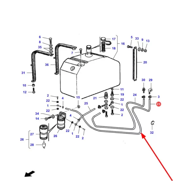 Oryginalny przewód paliwowy zbiornika o długości L=4350 mm i numerze katalogowym LA322783550, stosowany w kombajnach zbożowych marki Massey Ferguson, Fendt, Challenger, Laverda schemat.