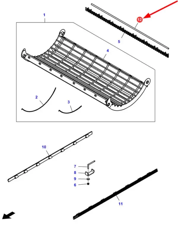 Oryginalny pręt mocowania listwy młocarni o numerze katalogowym LA322792950, stosowany w kombajnach zbożowych marek Massey Ferguson, Fendt, Challenger, Laverda schemat.