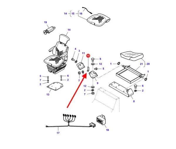 Oryginalna płytka mocująca siedzenie operatora, stosowana w maszynach rolniczych marek Laverda, Massey Ferguson, Fendt oraz Challenger. schemat