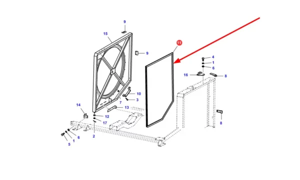 Oryginalna uszczelka gumowa ramy chłodnicy, stosowana w kombajnach zbożowych marek Challenger, Fendt, Laverda i Massey Ferguson schemat