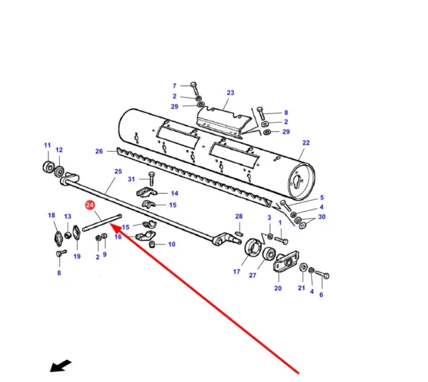 Oryginalny palec wciągający ślimaka o numerze katalogowym LA322840450, stosowany w hederach kombajnów zbożowych marki Massey Ferguson, Challenger, Fendt, Laverda schemat.