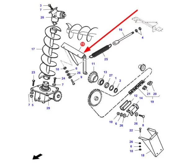 Oryginalne ramię napinacza mechanizmu rury wyładowcze ziarna o numerze katalogowym LA322872550, stosowane w kombajnach zbożowych marek Challenger, Fendt, Laverda i Massey Ferguson schemat