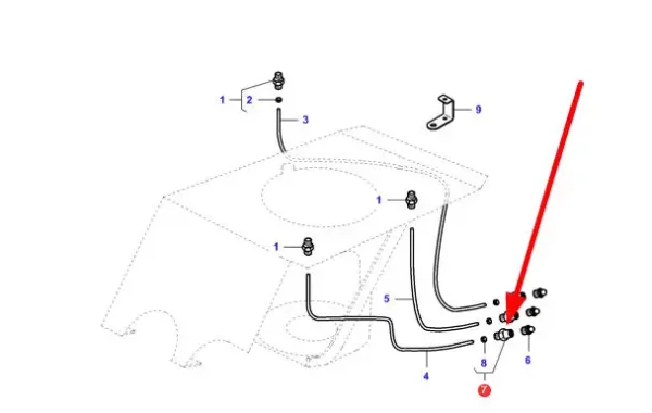 Oryginalne złącze układu centralnego smarowania o numerze katalogowym LA322881150, stosowane w kombajnach zbożowych marki Massey Ferguson i Fendt schemat