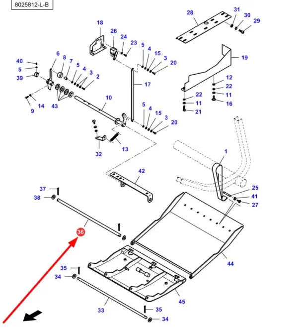 Oryginalny sworzeń mocowania ślizgu o numerze katalogowym LA322897050, stosowany w hederach kombajnów zbożowych marek Massey Ferguson, Fendt, Laverda, Challenger schemat.