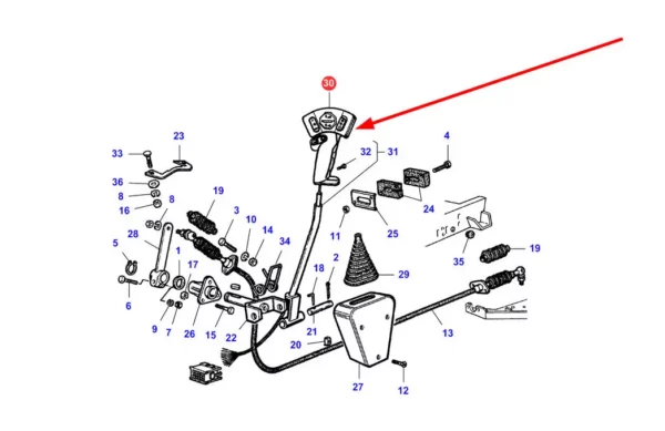 Oryginalna dźwignia sterująca Joystick o numerze katalogowym LA322908700, stosowany w kombajnach zbożowych marek Massey Ferguson, Fendt, Challenger i Laverda. schemat