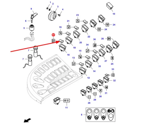 Oryginalny przycisk włącznika o numerze katalogowym LA322947450, szeroko stosowany w kombajnach żwożowych marek Massey Ferguson, Fendt, Laverda i Challenger. schemat