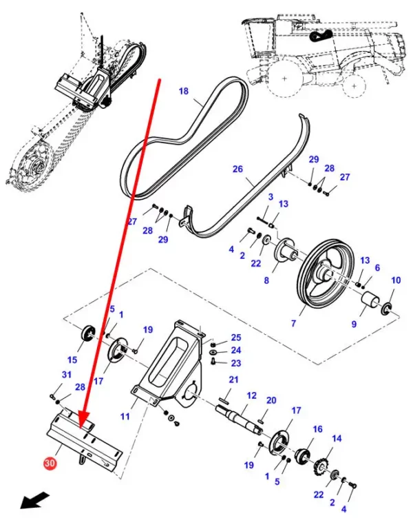 Oryginalny element mocowania o numerze katalogowym LA322956550, stosowany w kombajnach zbożowych marki Massey Ferguson, Fendt oraz Challenger schemat