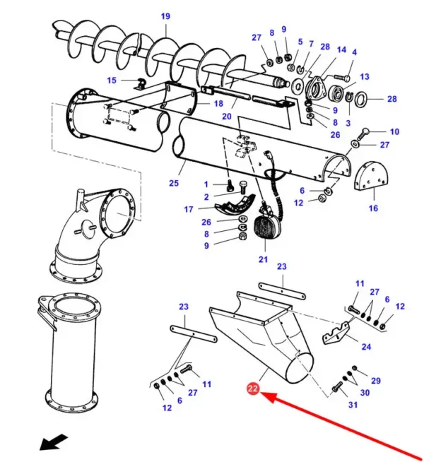 Oryginalna osłona gumowa rury wyładowczej ziarna o numerze katalogowym LA322958450, stosowana w kombajnach zbożowych marek Massey Ferguson, Fendt, Challenger, Laverda schemat.