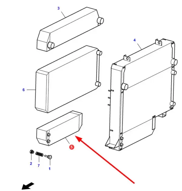 Oryginalna chłodnica oleju hydraulicznego, o numerze katalogowym LA322962450, stosowana w kombajnach zbożowych marek Massey Ferguson, Fendt, Challenger i Laverda. schemat