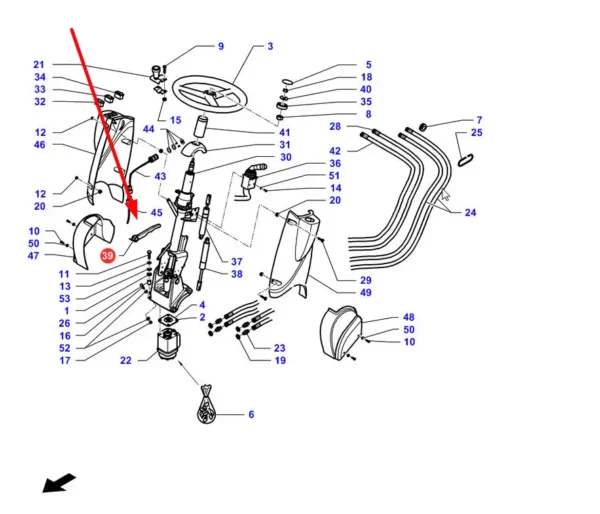 Oryginalna dźwignia regulacji kierownicy o numerze katalogowym LA322979650, stosowana w kombajnach zbożowych marek Massey Ferguson, Laverda, Fendt i Challenger. schemat