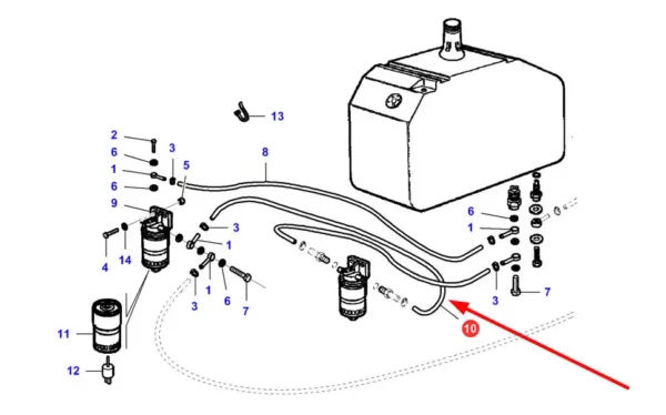 Oryginalny przewód paliwowy łączący filtry paliwa, stosowany w kombajnach zbożowych marek Challenger, Fendt, Laverda i Massey Ferguson schemat