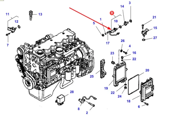 Oryginalny czujnik elektryczny silnika o numerze katalogowym LA323018450, stosowany w maszynach i pojazdach rolniczych marki Massey Ferguson, Fendt, Challenger i Laverda. schemat