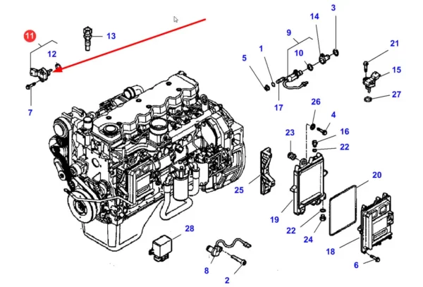 Oryginalny czujnik elektryczny silnika o numerze katalogowym LA323018550, stosowany w kombajnach zbozowych marek Massey Ferguson, Fendt, Challenger i Laverda schemat