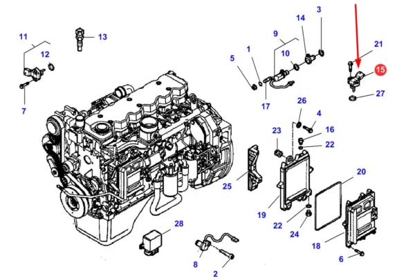 Oryginalny czyjnik elektryczny silnika o numerze katalogowym LA323018750, stosowany w kombajnach zbozowych marek Massey Ferguson, Fendt, Challenger i Laverda. schemat