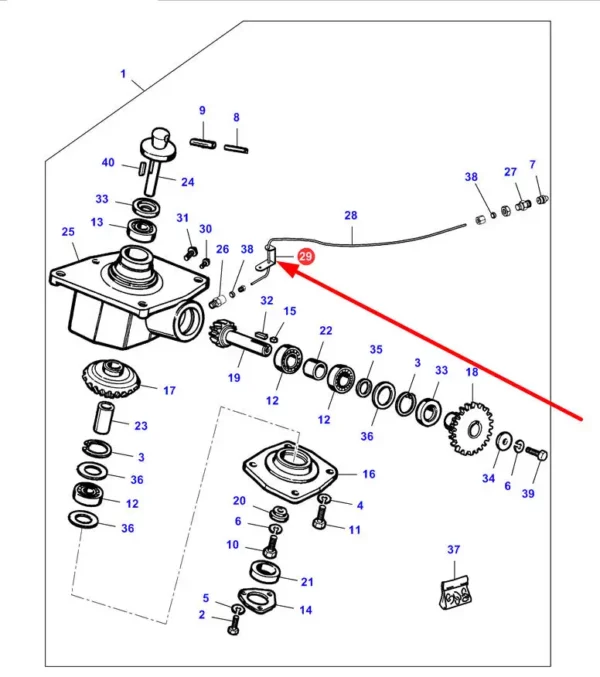 Oryginalny uchwyt przewodu smarującego o numerze katalogowym LA323042550, stosowany w kombajnach zbożowych marki Massey Ferguson, Fendt, Challenger, Laverda schemat.