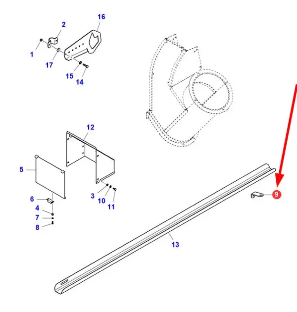 Oryginalny uchwyt rynny kontrolnej ziarna w zbiorniku o numerze katalogowym LA323070450, stosowany w kombajnach zbożowych marek Massey Ferguson, Fendt, Challenger i Laverda. schemat