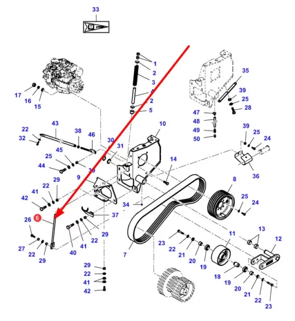 Oryginalne cięgno napinacza o numerze katalogowym LA323229150, stosowane w kombajnach zbożowych marki Massey Ferguson oraz Fendt schemat.