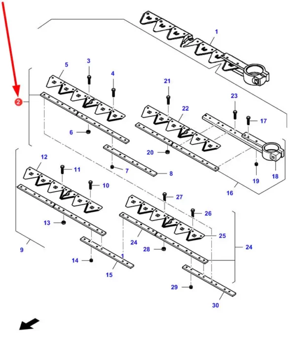 Oryginalny kompletny segment kosy o numerze katalogowym LA323242400, stosowany w hederach kombajnów zbożowych marek Massey Ferguson, Fendt, Challenger, Laverda schemat.