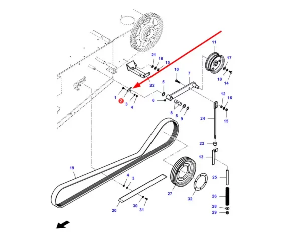 Oryginalna podpora napinacza pasa elewatora o numerze katalogowym LA323256350, stosowana w kombajnach zbozowych marek Massey ferguson, Fendt i Laverda. schemat