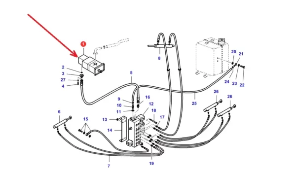 Oryginalna pompa hydrauliczna o numerze katalogowym LA323317300, stosowana w kombajnach zbożowych marek Massey Ferguson, Fendt i Challenger. schemat