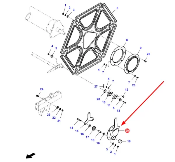 Oryginalny element regulacji hederu o numerze katalogowym LA323370050, stosowany w hederach marek Massey Ferguson, Laverda, Challenger oraz Fendt schemat