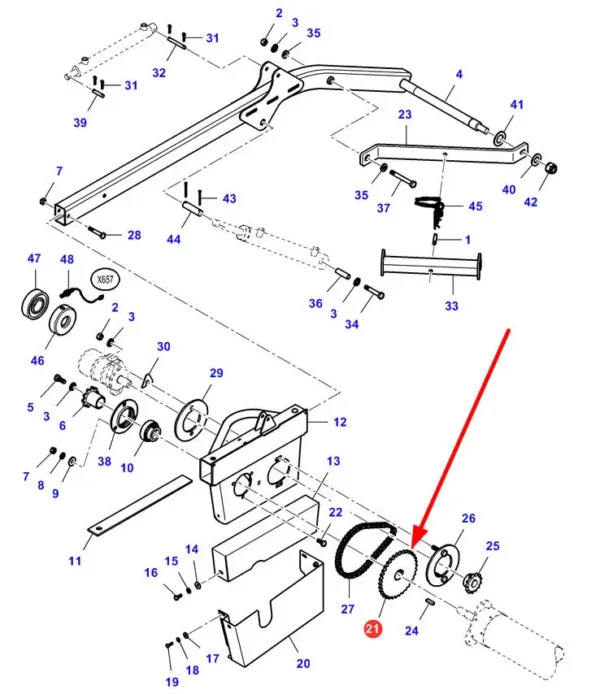 Oryginalne Koło zębate 34z napędu nagarniacza, stosowane w maszynach rolniczych marki Challenger, Fendt, Laverda oraz Massey Ferguson schemat.