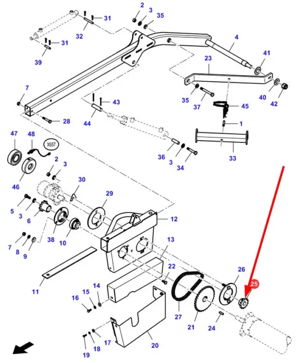 Oryginalne koło zębate hedera 13 zębów o numerze katalogowym LA323372750, stosowane w hederach marki Massey Ferguson schemat.