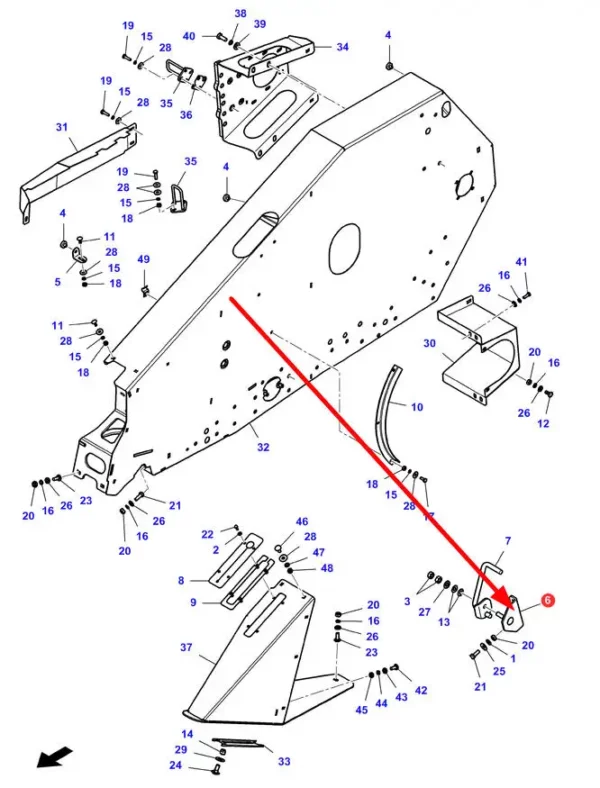 Oryginalny element mocujący o numerze katalogowym LA323373750, stosowany w hederach marki Fendt oraz Massey Ferguson schemat