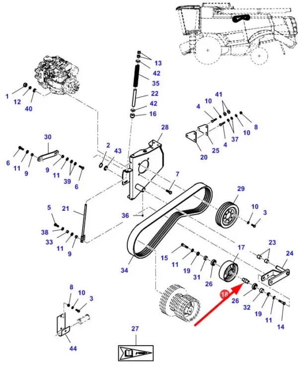 Oryginalny wałek koła napinacza o numerze katalogowym LA323377350, stosowany w kombajnach zbożowych marki Fendt, Laverda oraz Massey Ferguson schemat