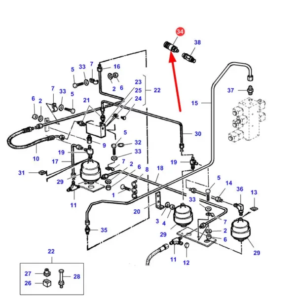 Oryginalny łącznik hydrauliczny listwy tnącej układu hydraulicznego o numerze katalogowym LA323496750, stosowany w kombajnach zbożowych marek Challenger, Fendt, Laverda oraz Massey Ferguson schemat.