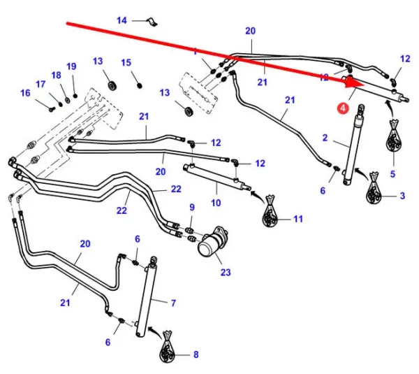 Oryginalny siłownik o numerze katalogowym LA323497800, stosowany w hederach marki Fendt oraz Massey Ferguson schemat.