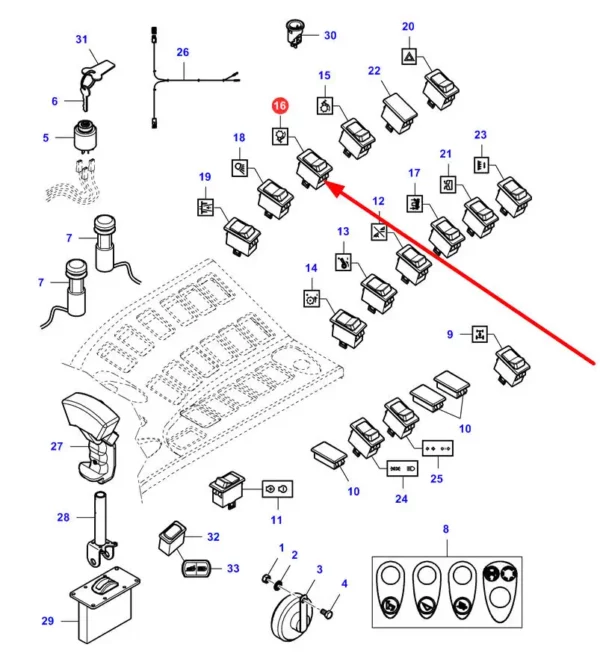 Oryginalny włącznik młocarni o numerze katalogowym LA323511400, stosowany w kombajnach zbożowych marek Massey Ferguson, Fendt, Laverda, Challenger schemat.