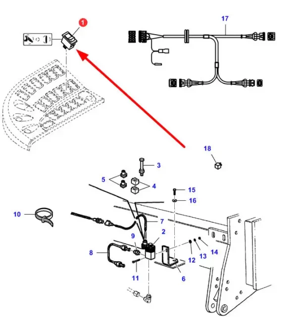 Oryginalny włącznik podnośnika, stosowany w kombajnach marki Massey Ferguson oraz Fendt schemat.