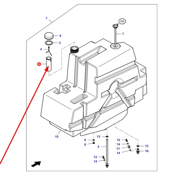 Oryginalny filtr wstępny w zbiorniku paliwa o numerze katalogowym LA323548550, stosowany w kombajnach zbożowych marki Massey Ferguson, Fendt, Challenger, Laverda schemat.