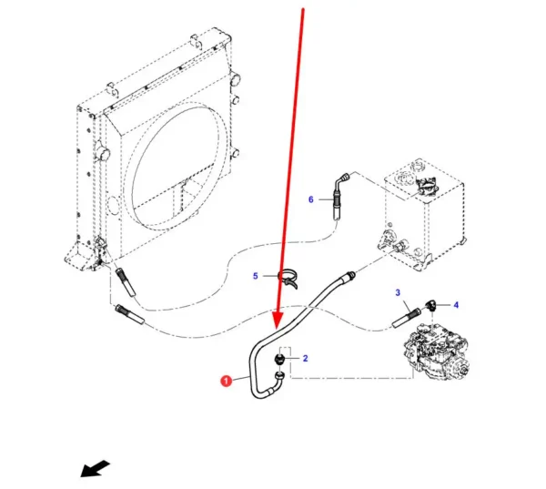 Oryginalny przewód hydrauliczny zbiornika oleju pompy hydrostatu o numerze katalogowym LA323566850, stosowany w kombajnach zbożowych marek Massey Ferguson, Fendt, Laverda, Challenger schemat.