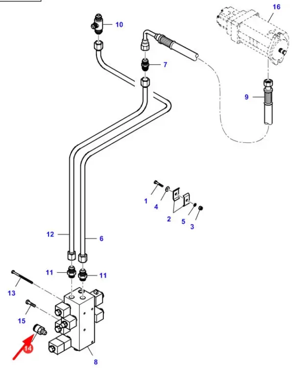 Oryginalny wlot ciśnienia zaworu hydraulicznego o numerze katalogowym LA323587000, stosowany w kombajnach zbożowych marki Fendt oraz Massey Ferguson schemat.