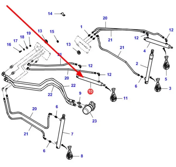 Oryginalny siłownik hydrauliczny o numerze katalogowym LA323638800, stosowany w hederach marki Massey Ferguson oraz Fendt schemat.