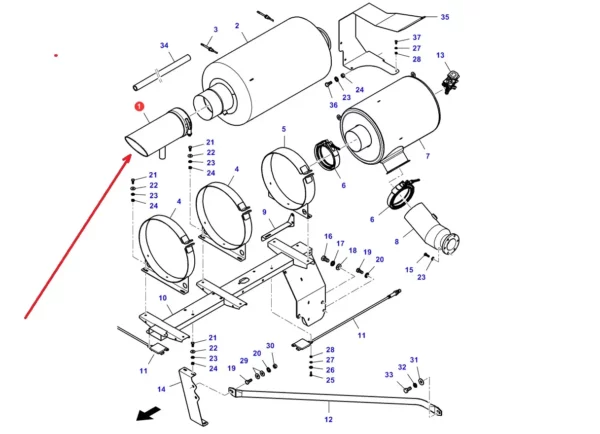 Oryginalna końcówka wydechu o numerze katalogowym LA323664150, stosowana w kombajnach zbożowych marek Massey Ferguson, Fendt i Challenger. schemat
