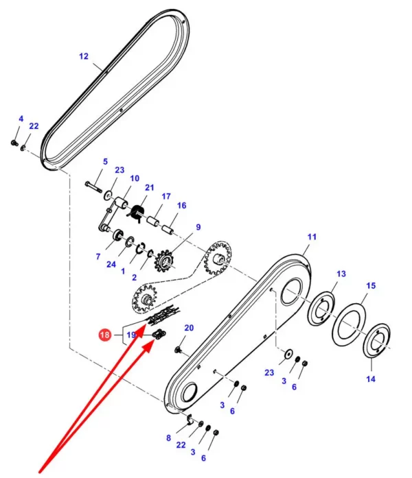Oryginalny łańcuch rolkowy o wymiarach 10A-1 x 87 rolek, numerze katalogowym LA340437275, stosowany w kombajnach zbożowych marek Massey Ferguson, Fendt, Challenger i Laverda schemat.