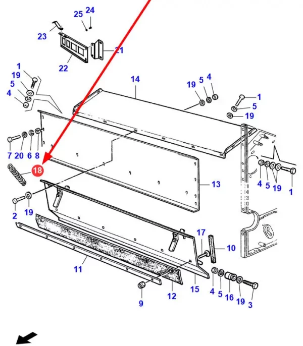Oryginalna sprężyna obudowy młocarni o numerze katalogowym LA350356513, stosowana w kombajnach zbożowych marek Massey Ferguson, Fendt, Challenger i Laverda. schemat