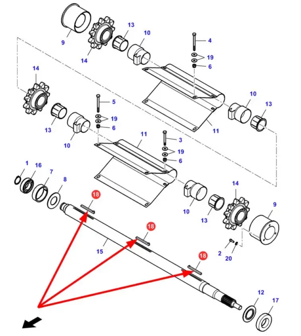 Oryginalny klin o wymiarach 10mm x 7,7mm x 63mm z numerem katalogowym LA350380762, stosowany w kombajnach marki Massey Ferguson schemat.