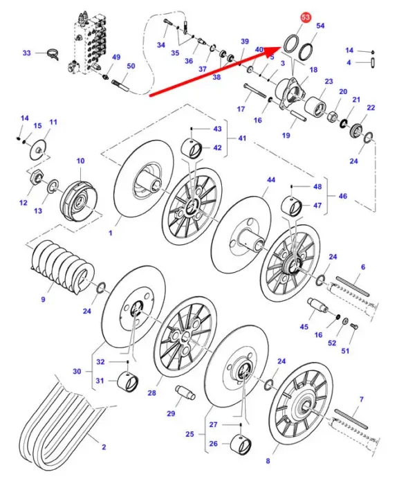 Oryginalna podkładka uszczelniająca o numerze katalogowym LA353587142, stosowana w kombajnach zbożowych marki Massey Ferguson schemat.